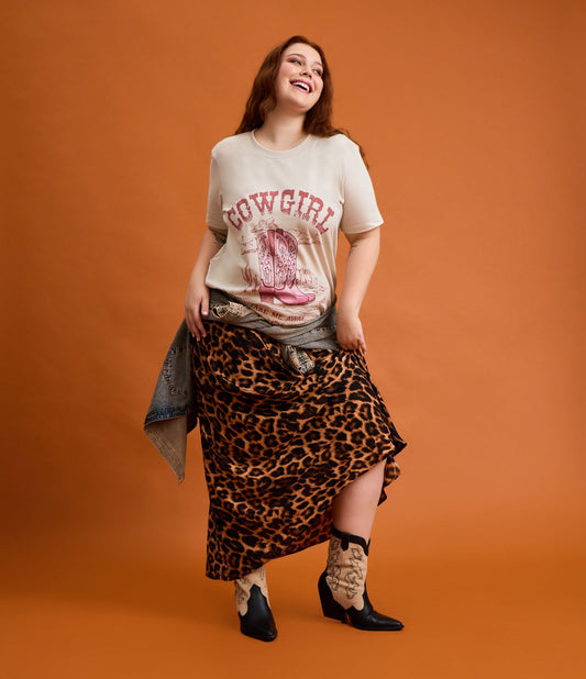 Falda larga de crepé con estampado animal, Curvas y tallas grandes, Marrón