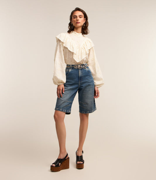 Bermudas de brim largas com bolsos e dardos em azul