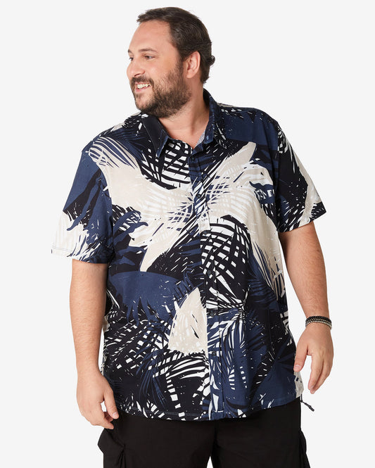 Camicia a maniche corte plus size da uomo con stampa fogliame blu scuro - Allman by Riachuelo