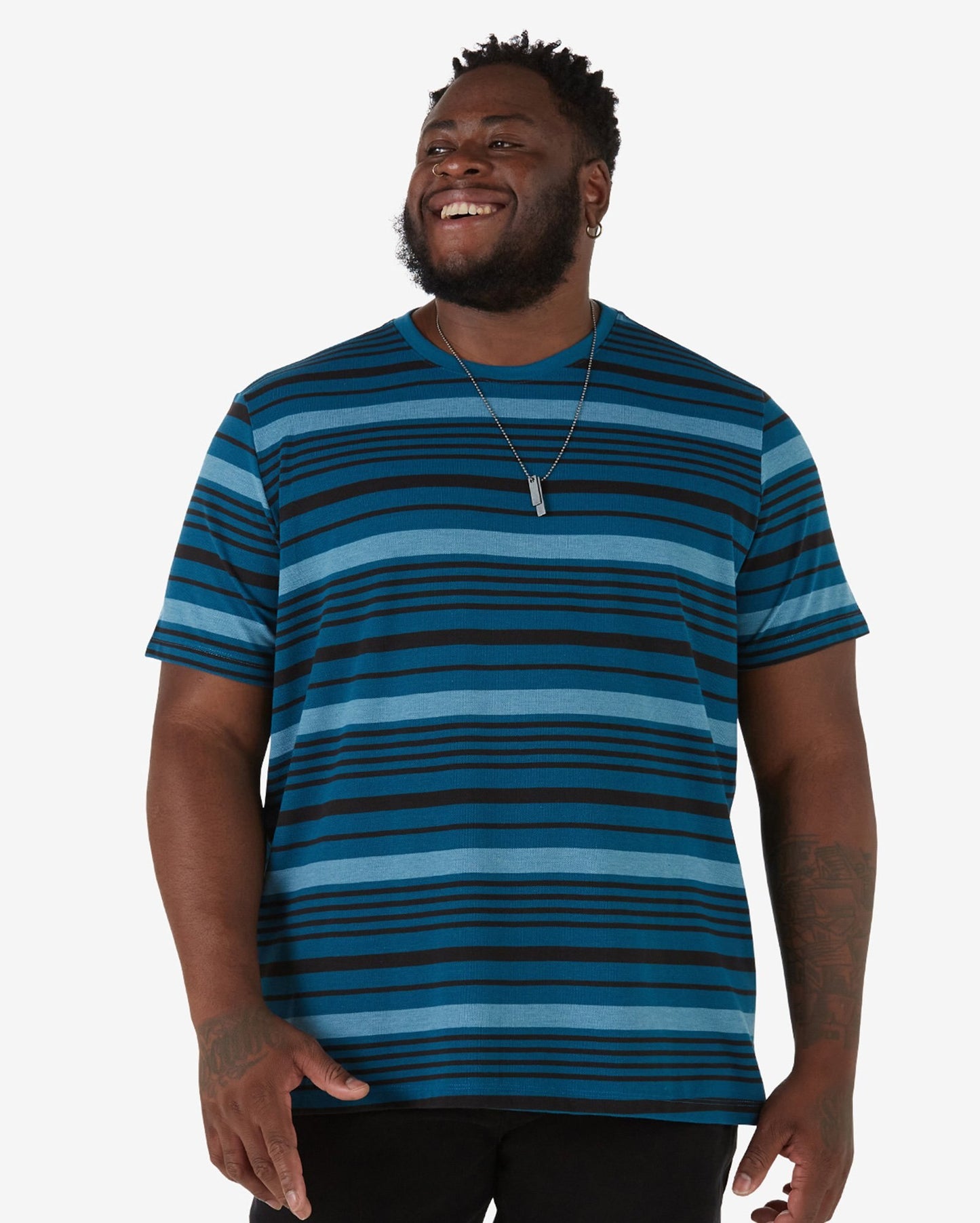 Men's Plus Size Short Sleeve Piquet Knit Striped Blue T-Shirt
