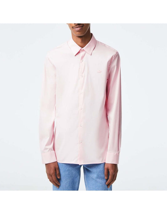 Camisa masculina listrada com emblema de crocodilo Lacoste em rosa