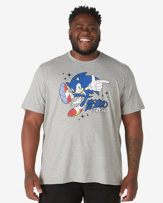 Camiseta masculina de manga curta Sonic Plus Size em cinza-acinzentado