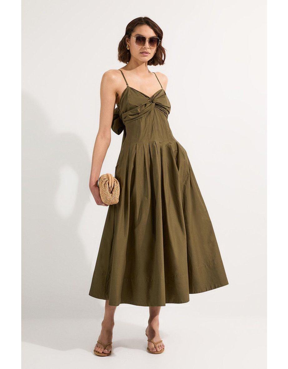 Maxi vestido de verão de popeline de algodão sem alças com laço nas costas