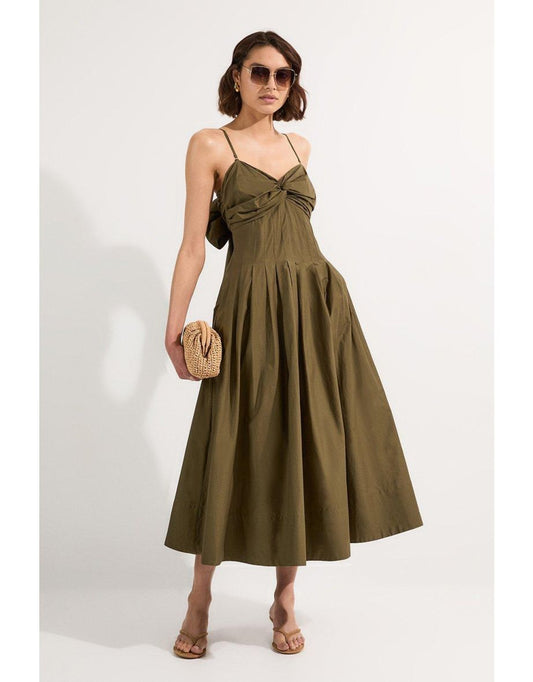 Maxi vestido de verão de popeline de algodão sem alças com laço nas costas