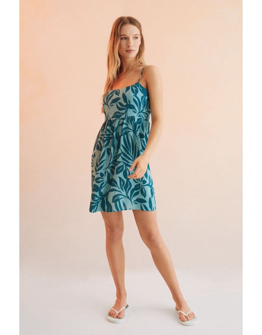 Vestido azul com alças e estampa curta