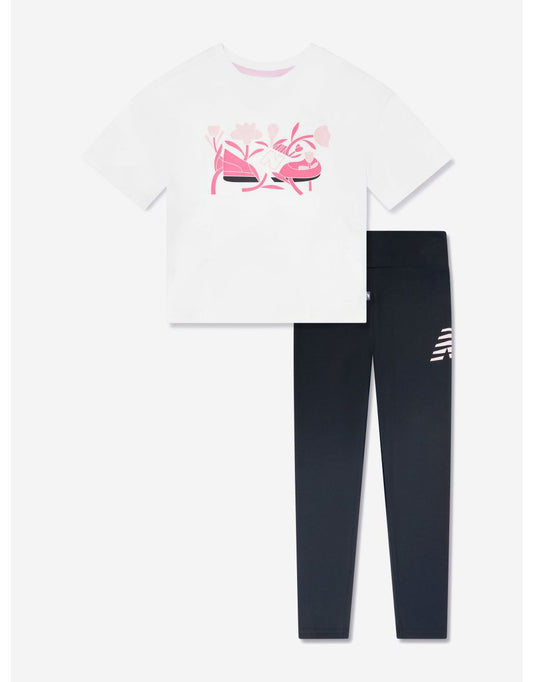 Set di maglietta e leggings con grafica floreale di New Balance Girls in bianco