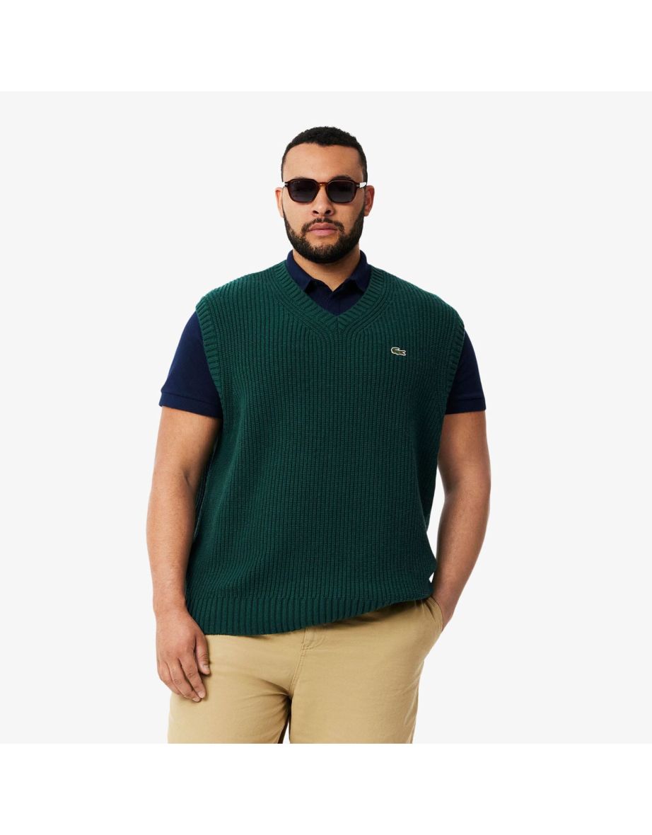 Suéter masculino Lacoste de lã cardada verde com gola em V