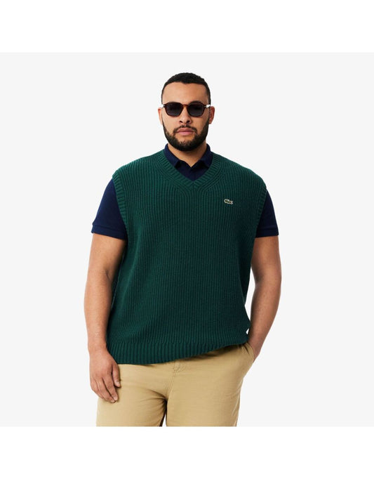 Suéter masculino Lacoste de lã cardada verde com gola em V