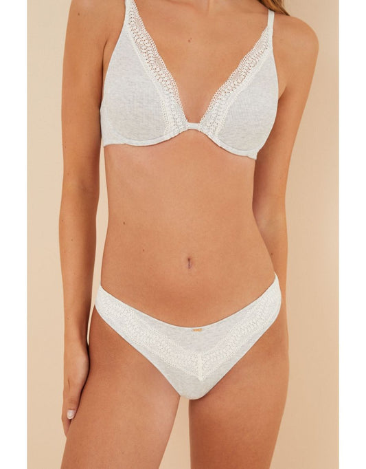 Slip brasiliano grigio in cotone e pizzo