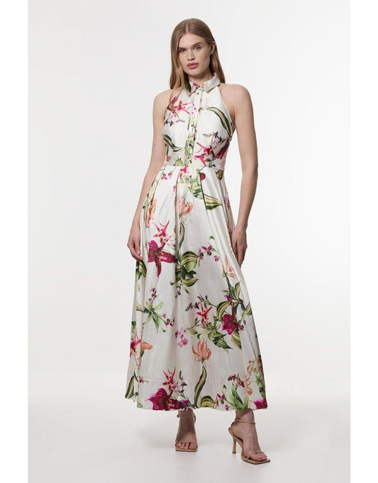 Vestido Maxi de sarja floral com gola Garden