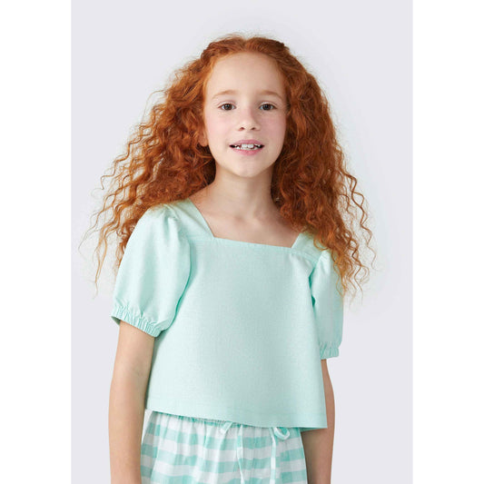Blusa de linho de manga bufante para meninas