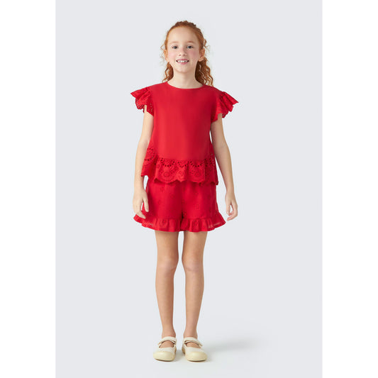 Shorts para meninas com renda de ilhós e babados