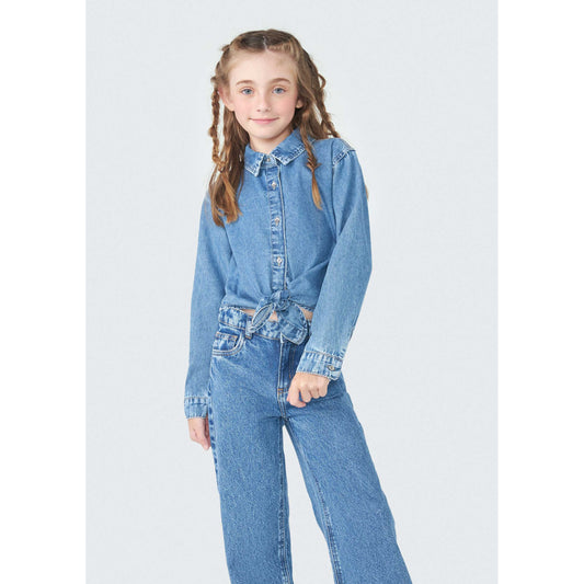 Camicia da bambina in denim con lacci e lacciuoli