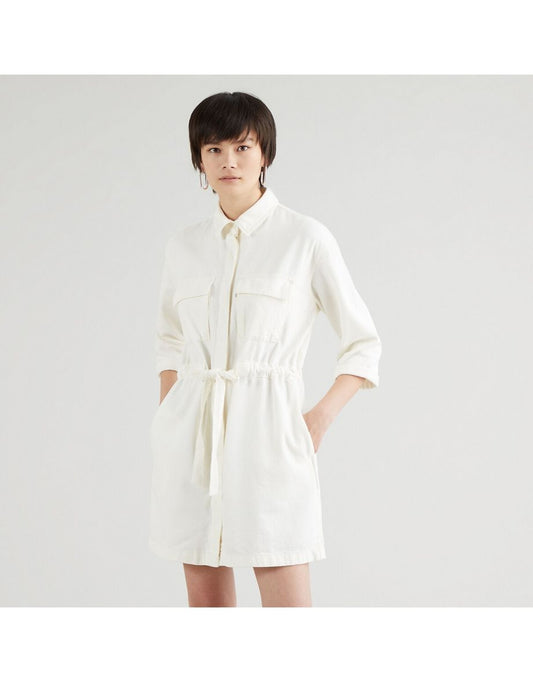 Vestido mini-camisa de algodão com cintura marcada