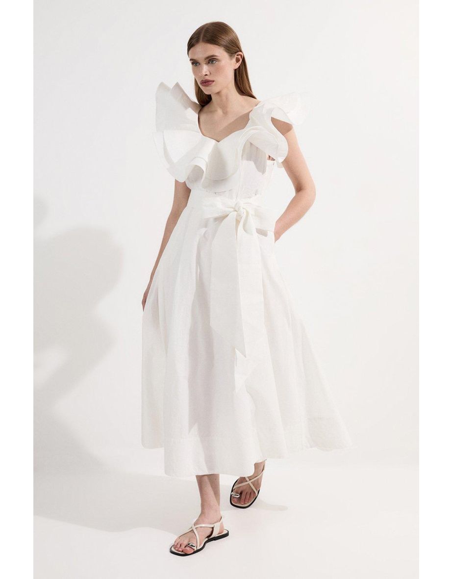 Vestido Midaxi Petite de popelina de algodón con volantes y cinturón de corbata