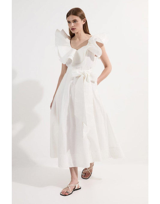 Vestido Petite Cotton Poplin Ruffle Tie-Belt Woven Midaxi Dress