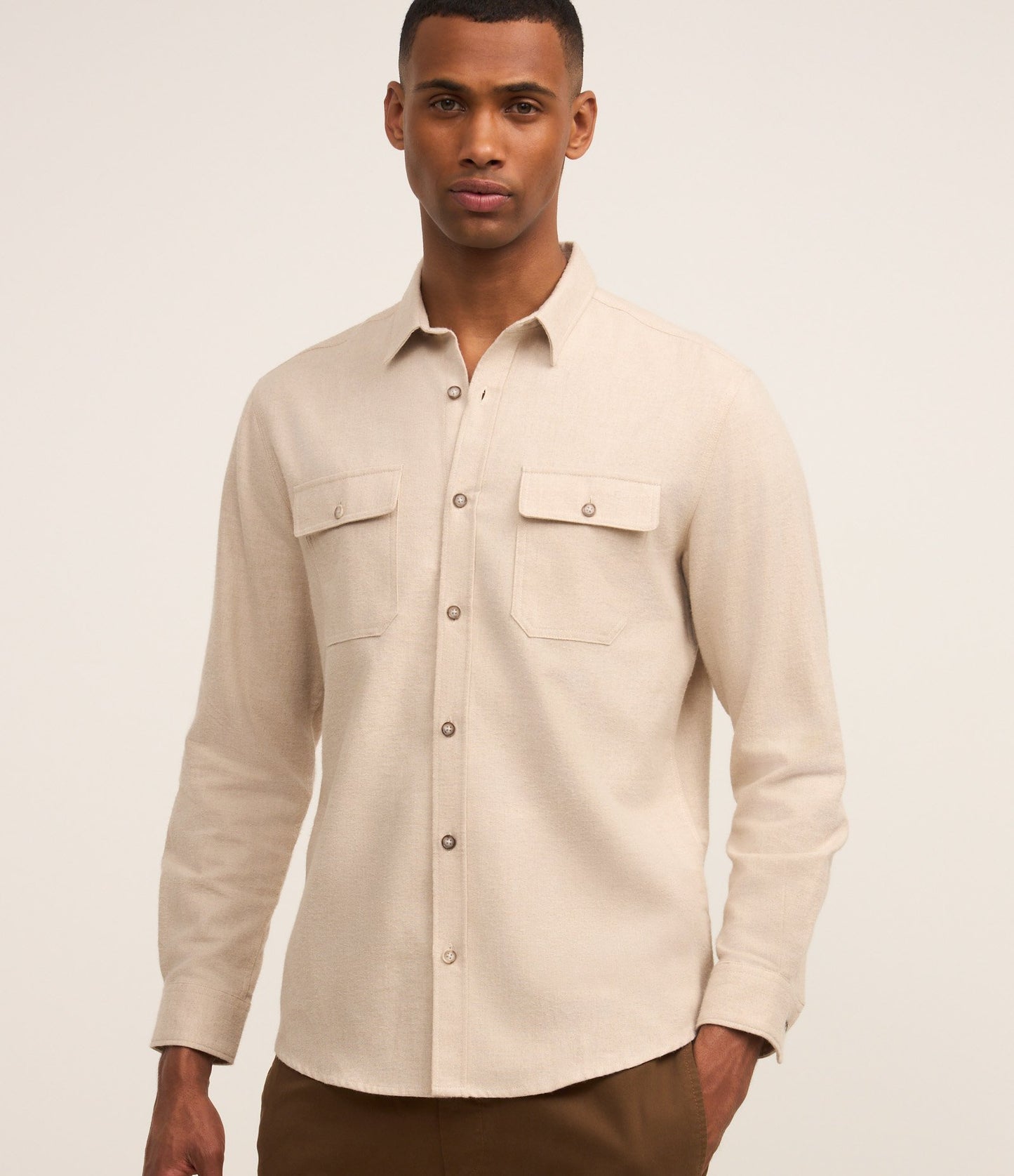 Beige Flannel Shirt with Front Pockets