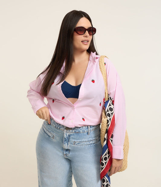 Camicia a righe e ricami a forma di fragola, Curve e taglie forti, rosa/bianco