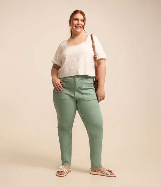 Pantaloni in twill verde con cintura intrecciata - Curve e taglie forti