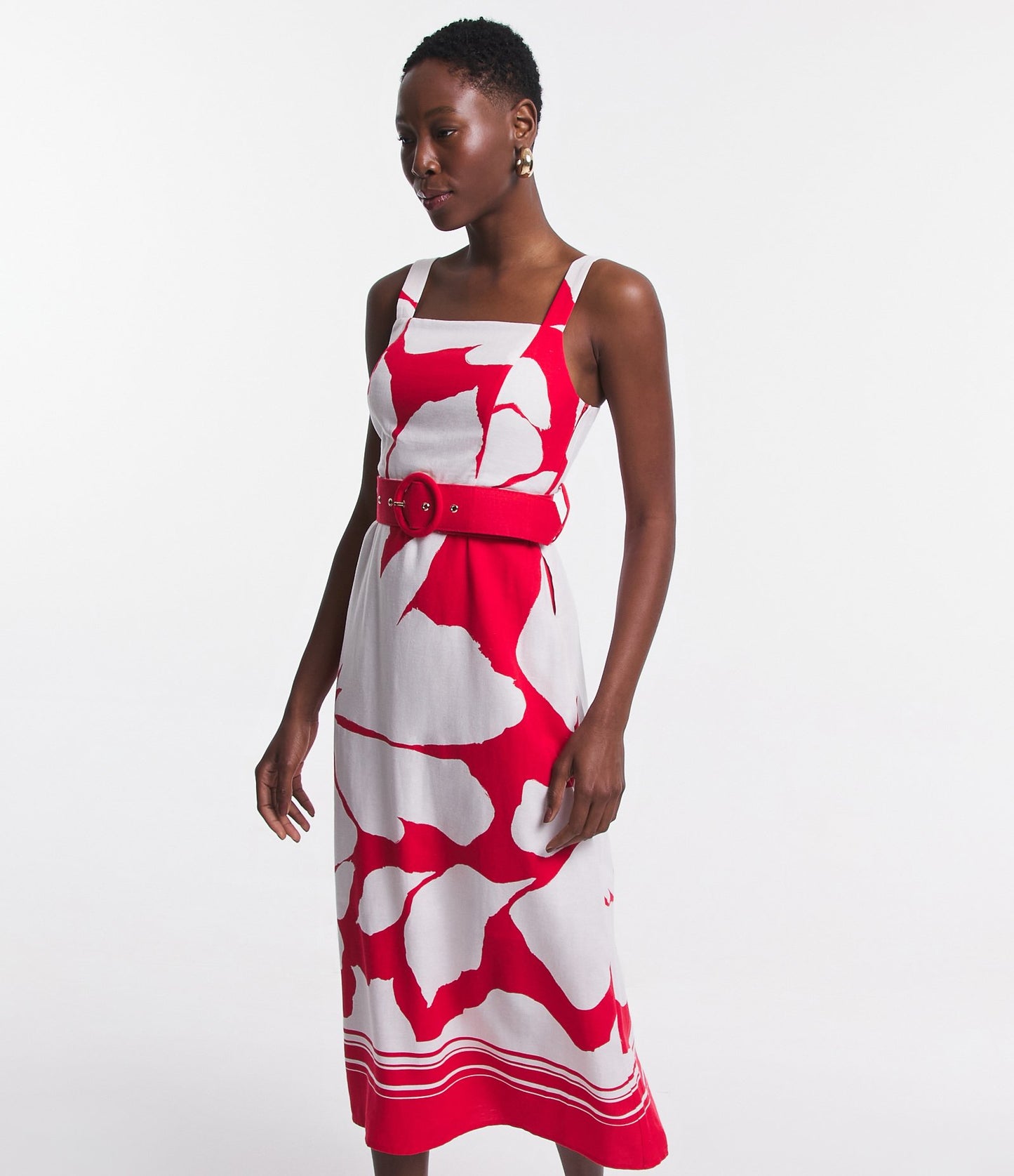 Vestido longo de linho sem mangas com cinto e pontos estampados em branco/vermelho