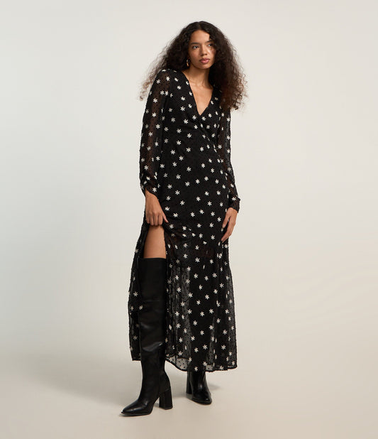 Vestido longo de chiffon em linha A com bordado floral preto