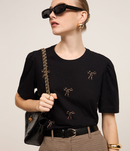 Blusa de Algodão com Laços de Estampa de Onça Preta