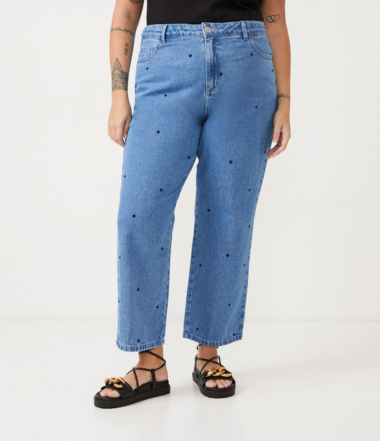 Jeans a gamba dritta a pois, Curve e taglie forti, blu