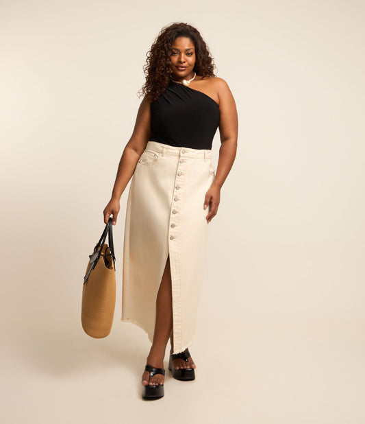 Gonna di jeans midi beige per taglie forti con bottoni frontali