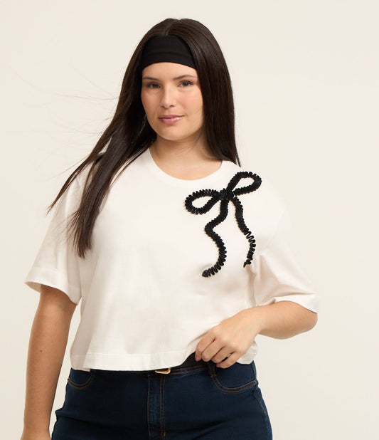 Maglietta in cotone bianco con dettaglio fiocco, Curve e taglie forti