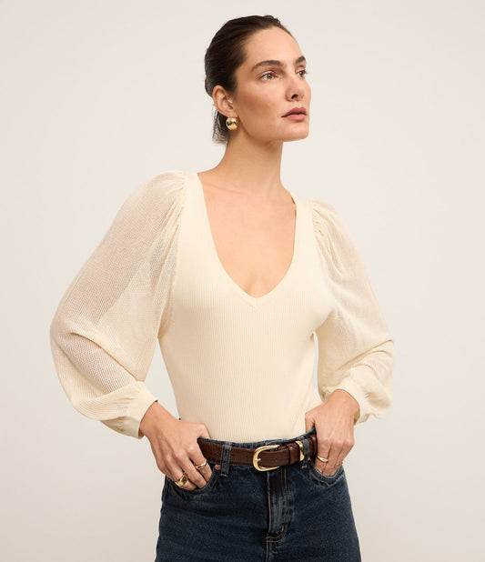 Off-White Knit Sweater with V-Neck and Long Wide Sleeves