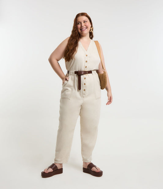Macacão de pernas retas em sarja de efeito bruto com botões, Curve & Plus Size, Bege