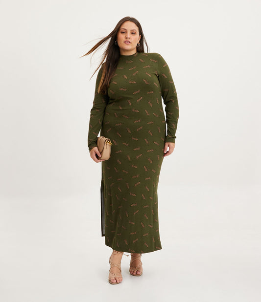 Vestido midi verde com nervuras e estampa de leopardo - Curve e Plus Size
