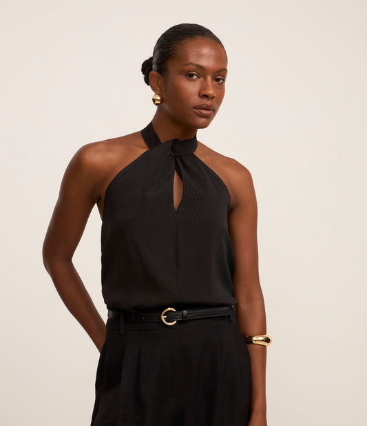 Blusa preta sem mangas de chiffon com gola halter
