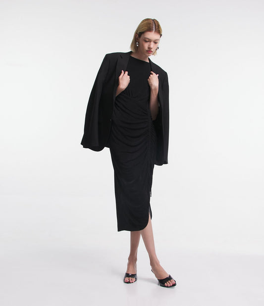 Vestido longo preto sem mangas em tecido de malha cintilante