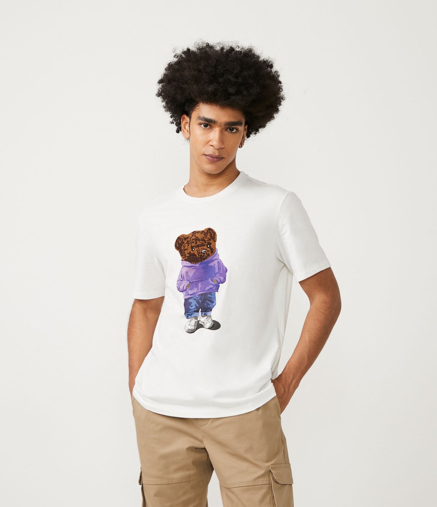 Camiseta de Malha Parcial com Estampa de Urso em Chenille Branco