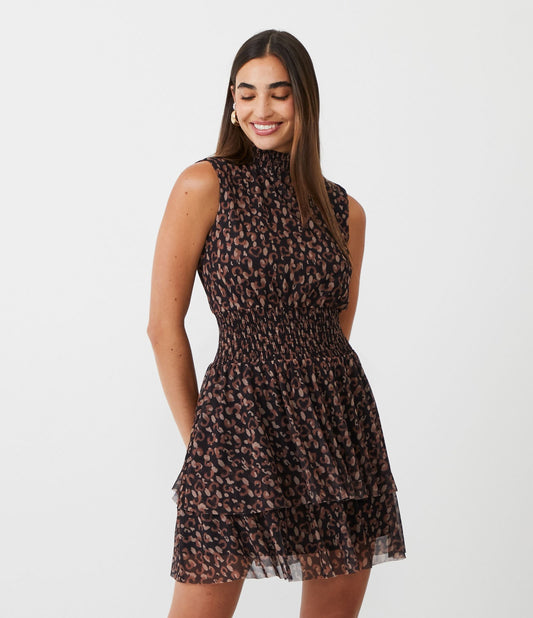 Abito corto in tulle con collo alto e stampa animalier leopardo nero