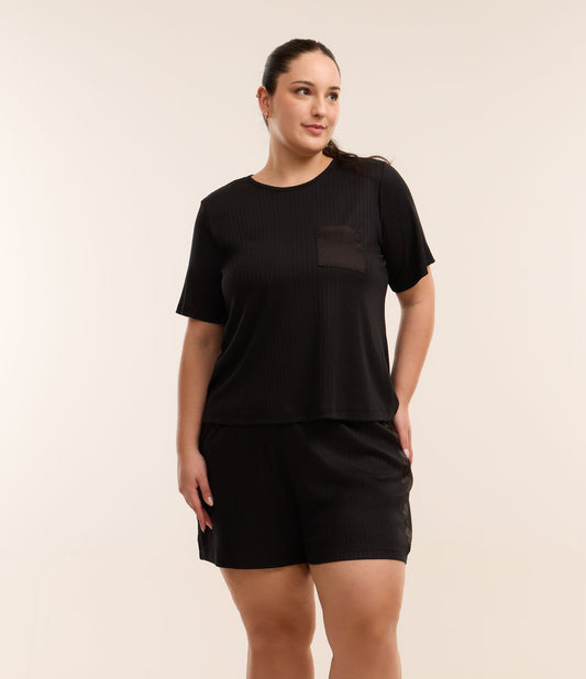 Pijama Corto Negro con Sisa Caída y Bolsillo Pequeño - Tallas Curvas y Grandes