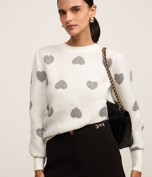 Knitted Sweater with Heart Print and Wide White Cuffs