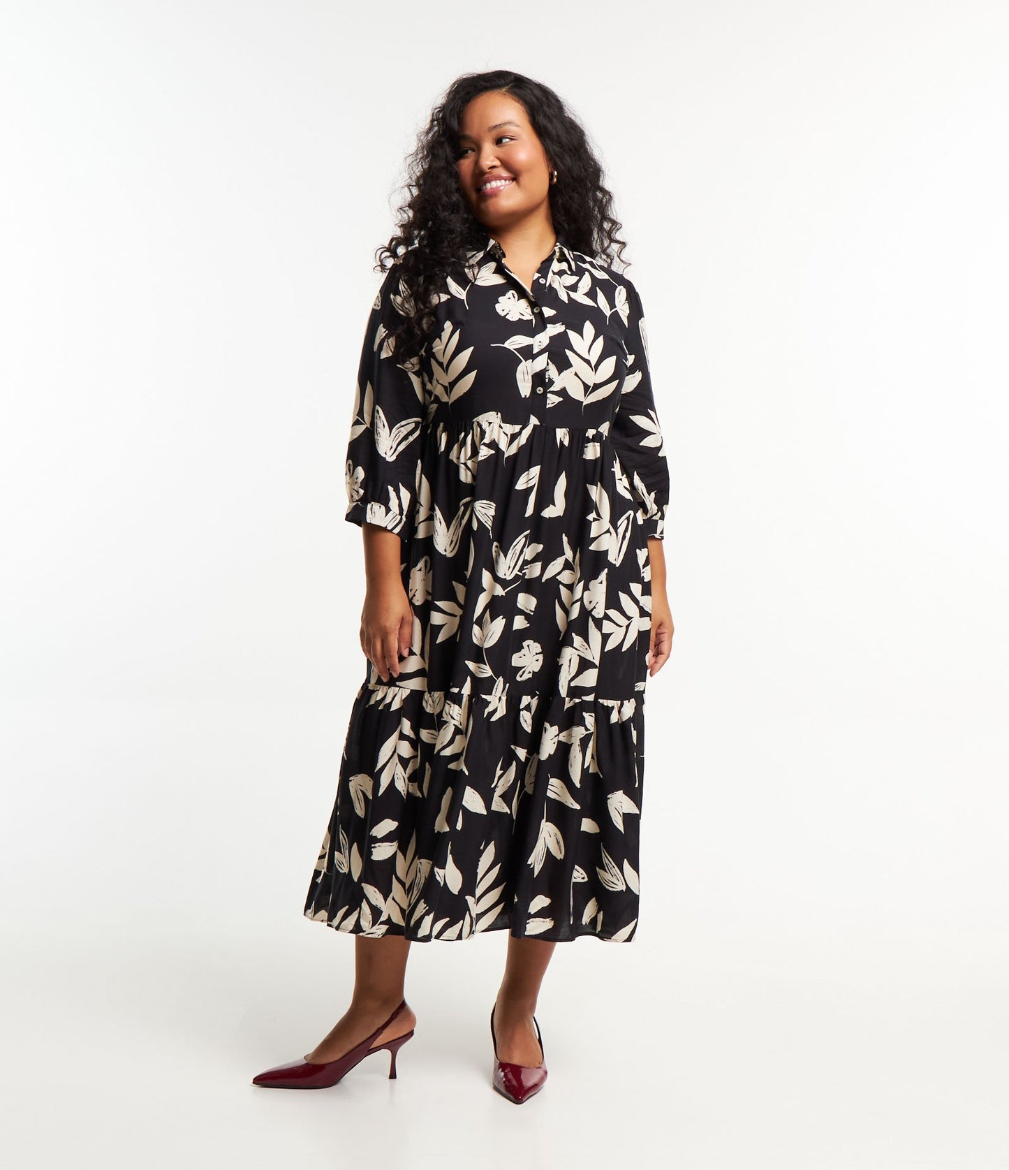 Short Viscose Floral Print Dress with Ruffles, Curve & Plus Size, Black