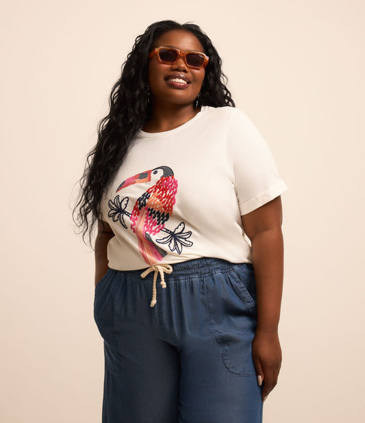 Blusa de algodão branca com bordado de tucano - Curve e Plus Size
