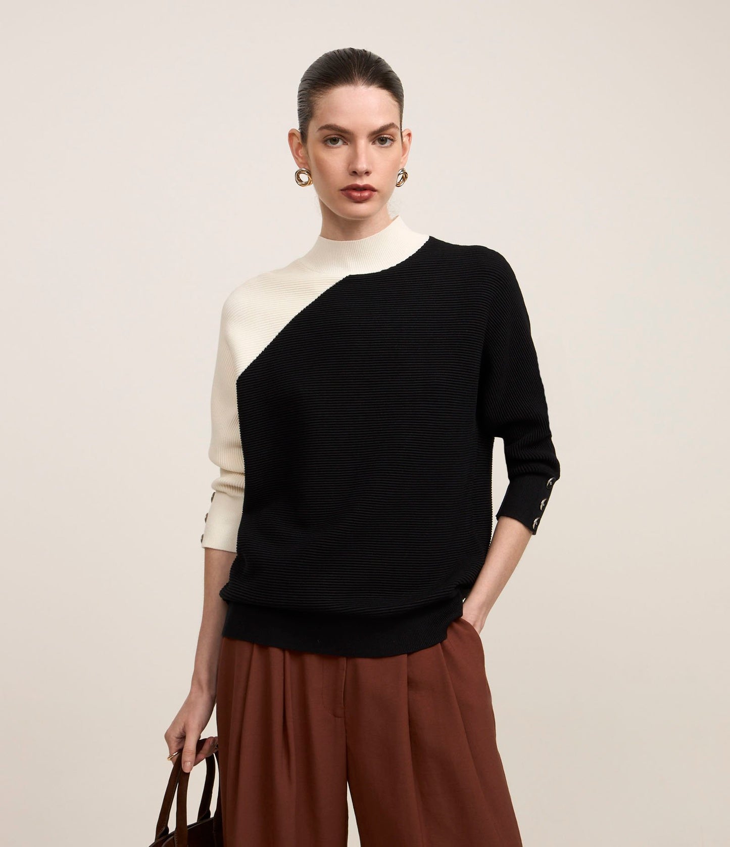 Viscose Sweater with Cuff Buttons in Black/White