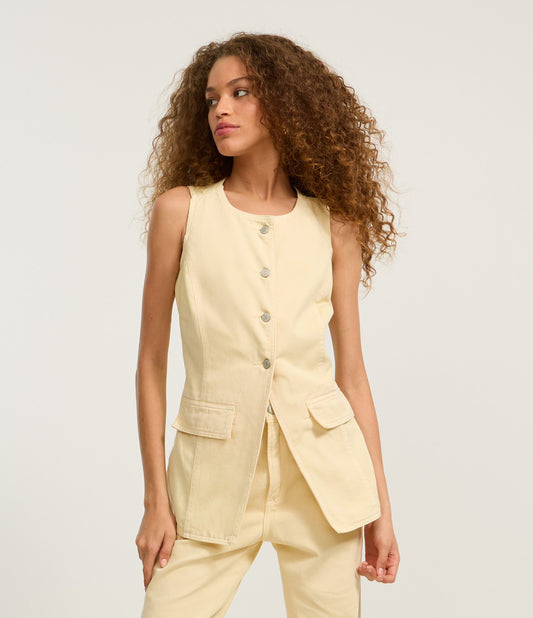 Yellow Twill Vest with Agroecological Cotton, Buttons, and Applied Pockets