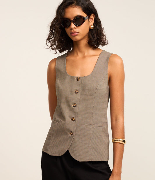 Gilet sartoriale con scollo quadrato e motivo pied-de-poule grigio