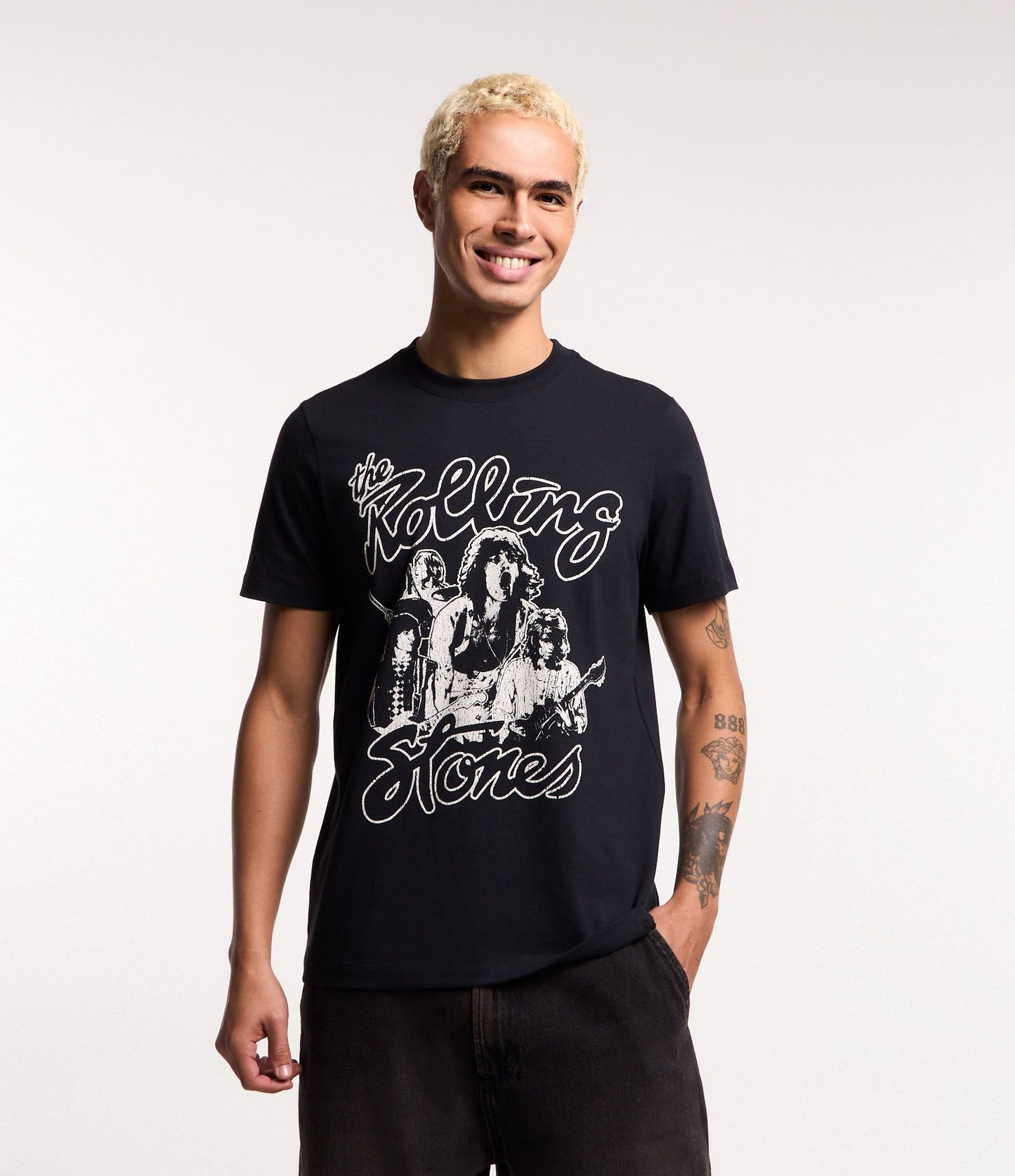 Regular Fit Cotton T-Shirt with Rolling Stones Print - Black