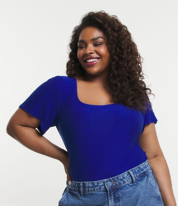 Blusa de viscose com decote redondo e amarração no pescoço, Curve & Plus Size, azul