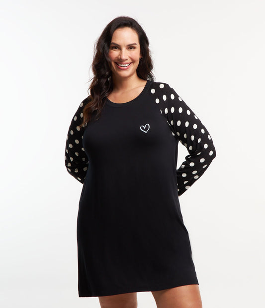 Camisón Viscosa Lunares Manga Larga - Tallas Grande y Curvas, Negro