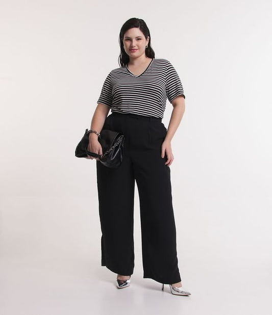Pantalón recto sastre con abertura lateral en el bajo, Tallas grandes y curvas, Negro