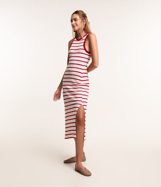 Vestido midi de canalé a rayas rojas