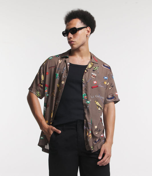 Camisa relaxada de viscose com estampa esportiva vintage marrom médio