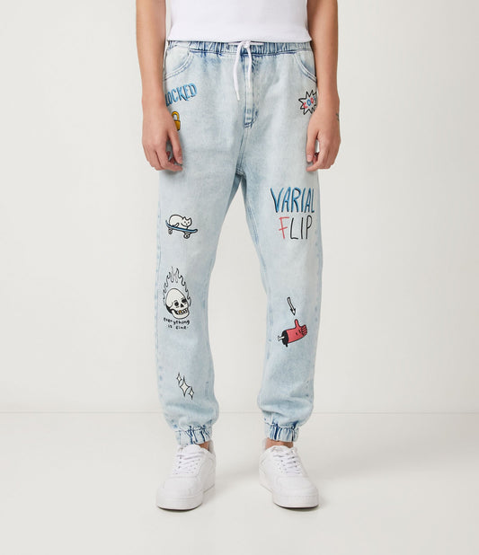 Jeans Jogger con coulisse e varie stampe in blu